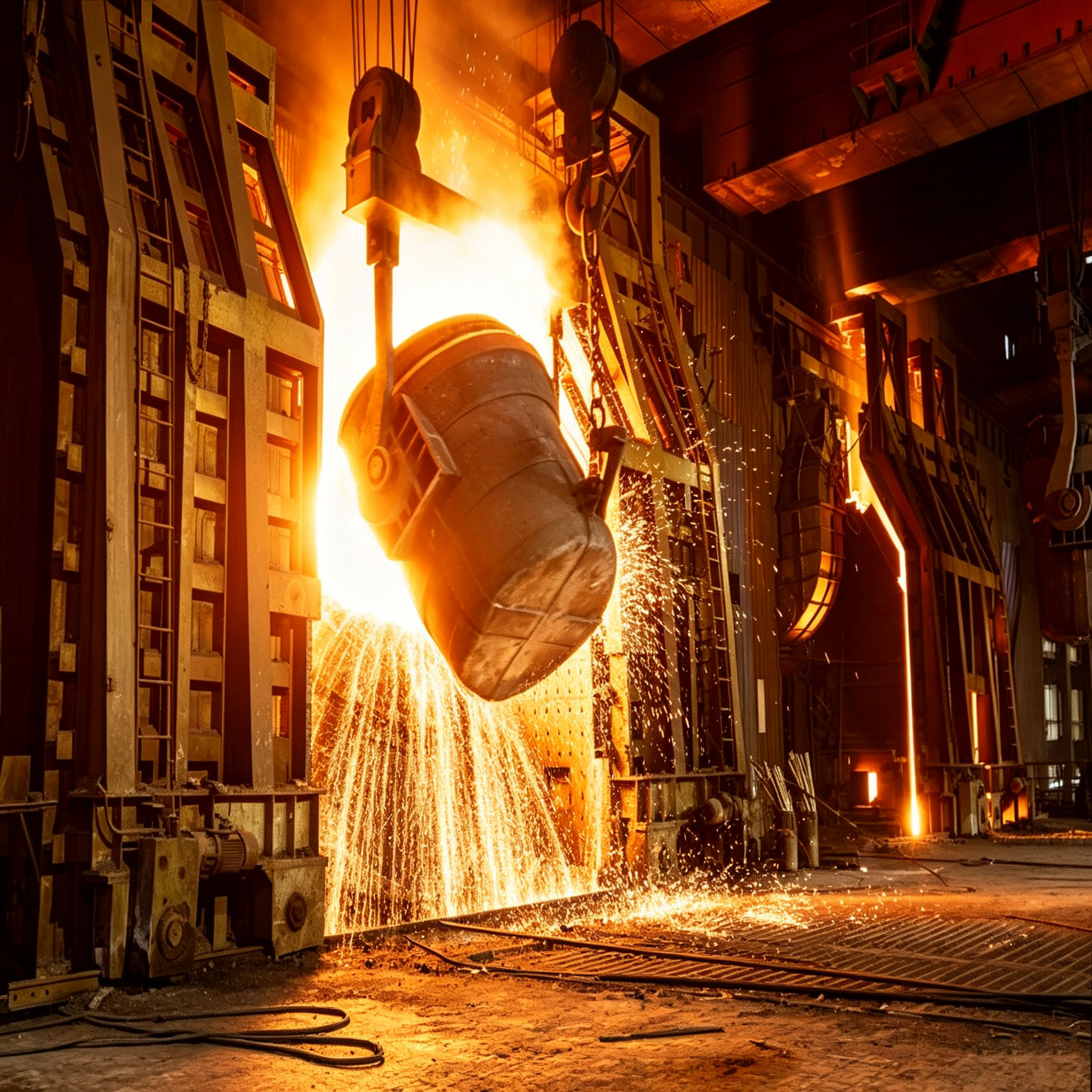 Lingote de grafite em fundi&ccedil;&atilde;o industrial com concha derramando metal fundido para produ&ccedil;&atilde;o de lingotes industriais