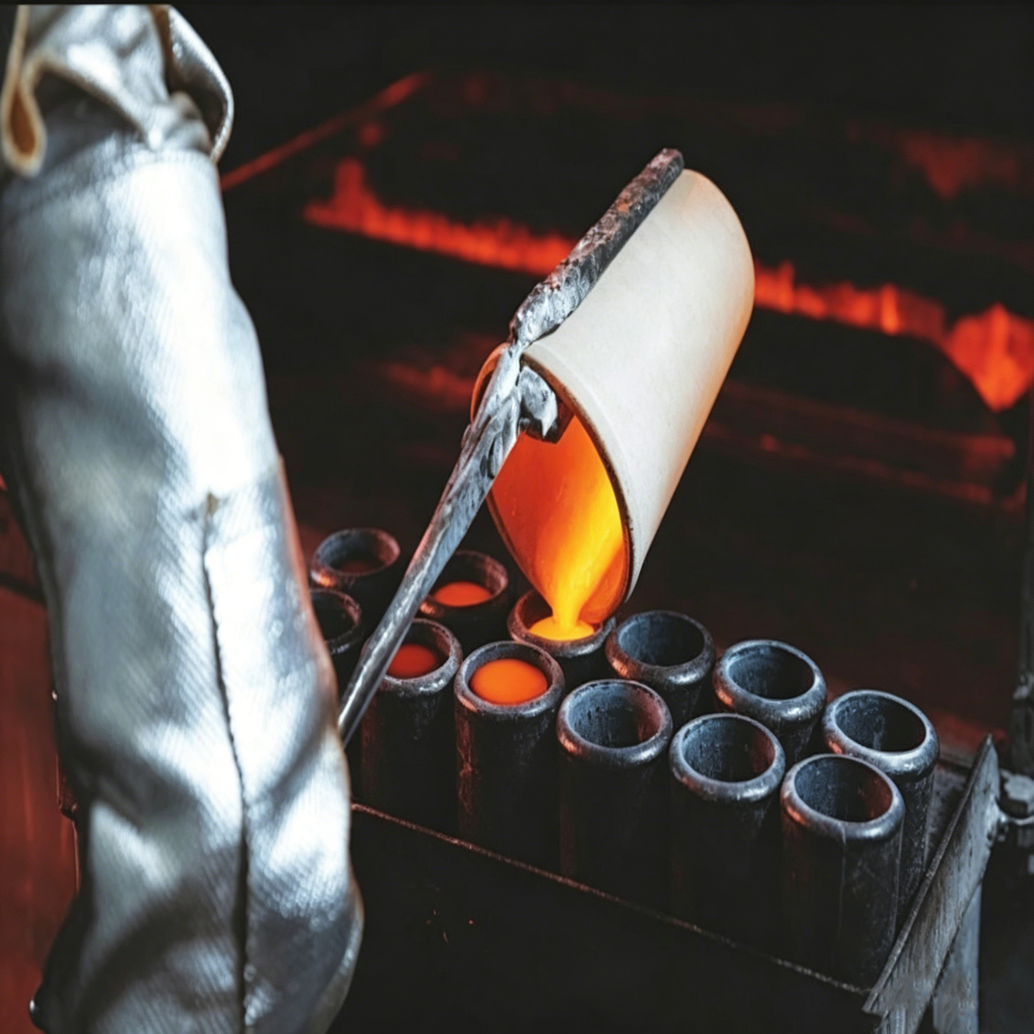 Cadinho de grafite de alta temperatura derramando ouro fundido em moldes de fundi&ccedil;&atilde;o para fabrica&ccedil;&atilde;o de joias, processo de refino de metais preciosos