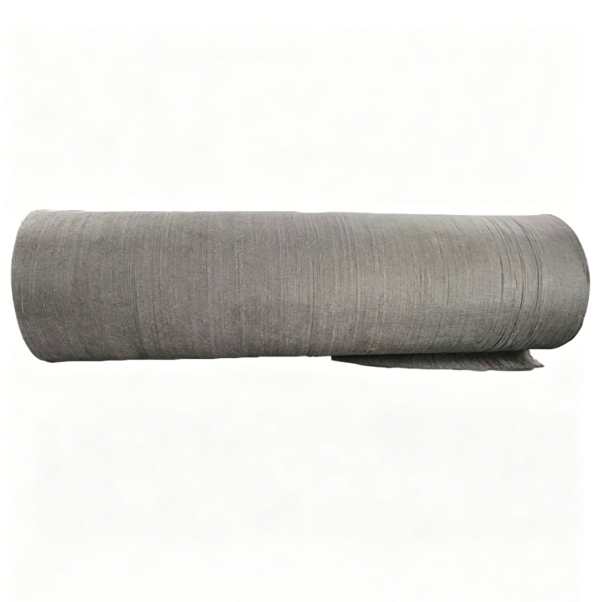 Vista lateral de um rolo de feltro de grafite macio &agrave; base de rayon deitado horizontalmente, mostrando um comprimento de rolo padr&atilde;o de 5 a 10 metros para isolamento de forno