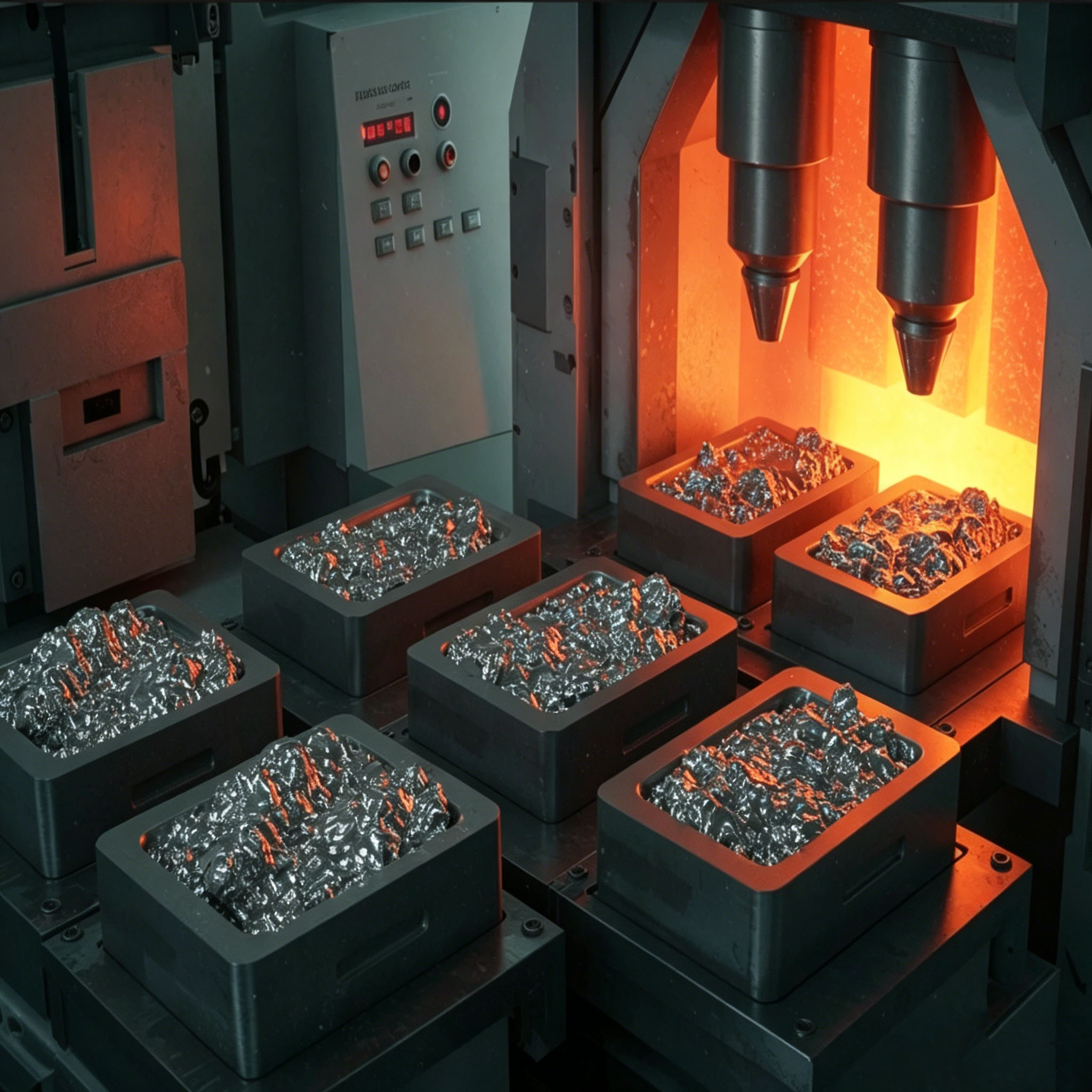 V&aacute;rios barcos de grafite carregados com p&oacute; met&aacute;lico passando por sinteriza&ccedil;&atilde;o em alta temperatura em um forno empurrador, demonstrando a produ&ccedil;&atilde;o de metalurgia do p&oacute; &agrave; base de ferro e cobre com moldes de grafite de precis&atilde;o