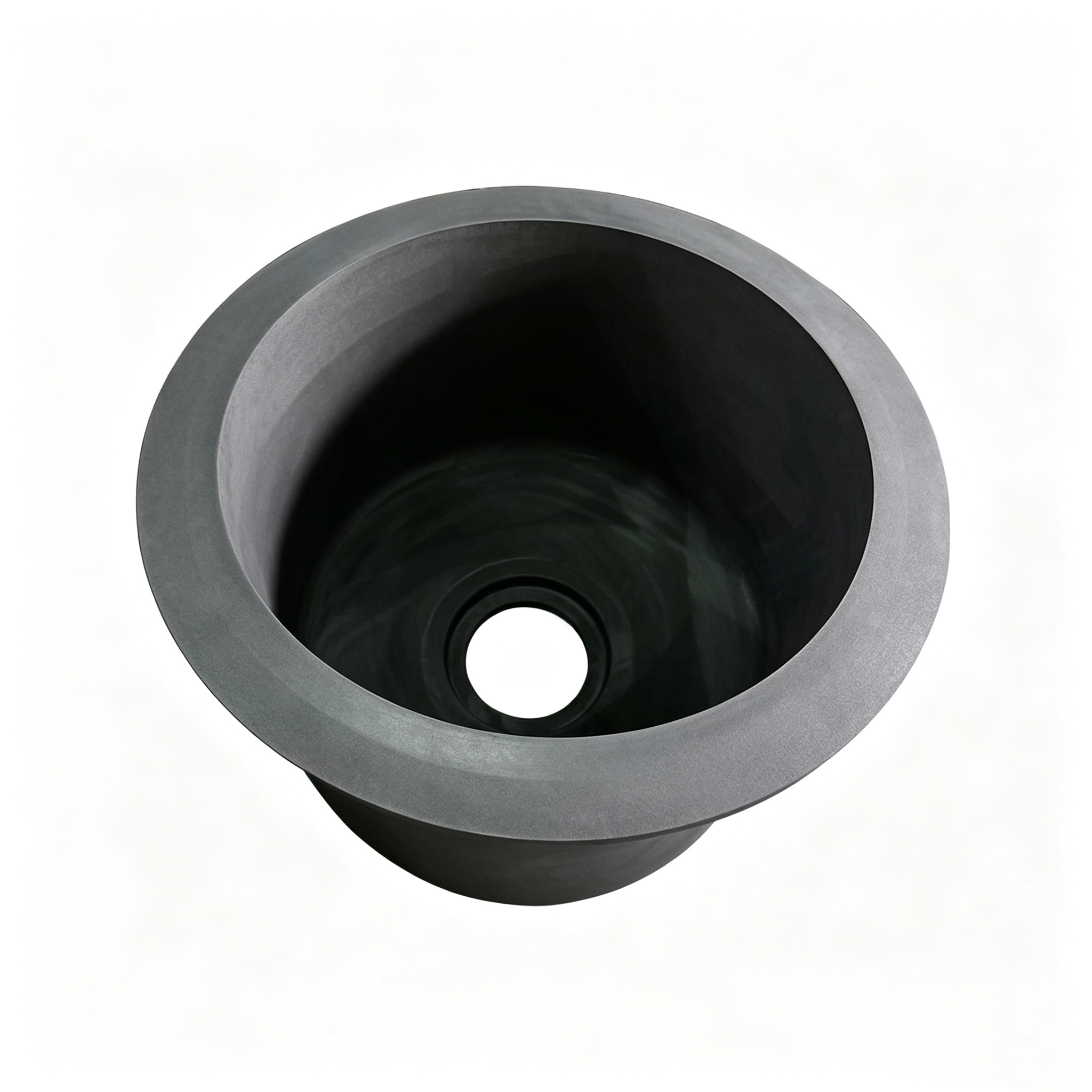 Cadinho de grafite com vista superior do aro flangeado, borda superior refor&ccedil;ada para montagem segura no forno, interior liso para fluxo de metal fundido, design de orif&iacute;cio de ventila&ccedil;&atilde;o inferior para libera&ccedil;&atilde;o de press&atilde;o, engenharia personalizada NHD Carbon