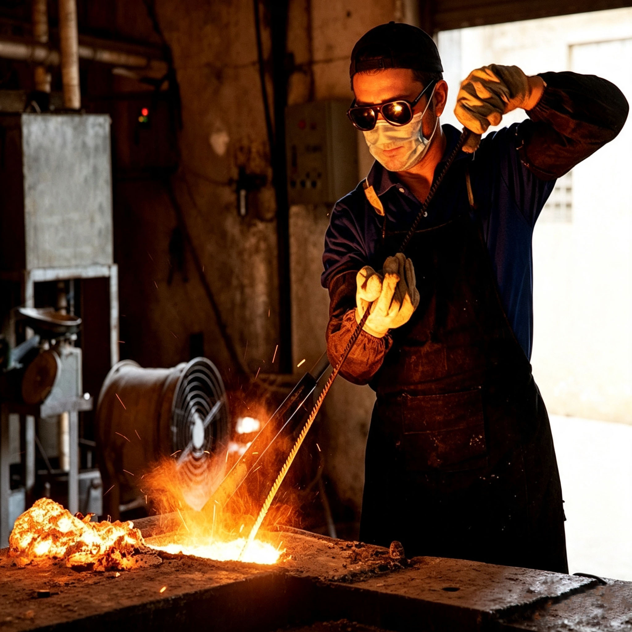 T&eacute;cnico de f&aacute;brica derretendo metal fundido precioso em alta temperatura na oficina de fundi&ccedil;&atilde;o, cena de produ&ccedil;&atilde;o de fundi&ccedil;&atilde;o de alta temperatura usando cadinho de grafite isost&aacute;tico, oficina de fundi&ccedil;&atilde;o de metal industrial imagem de opera&ccedil;&atilde;o real para f&aacute;brica de refinaria de joias