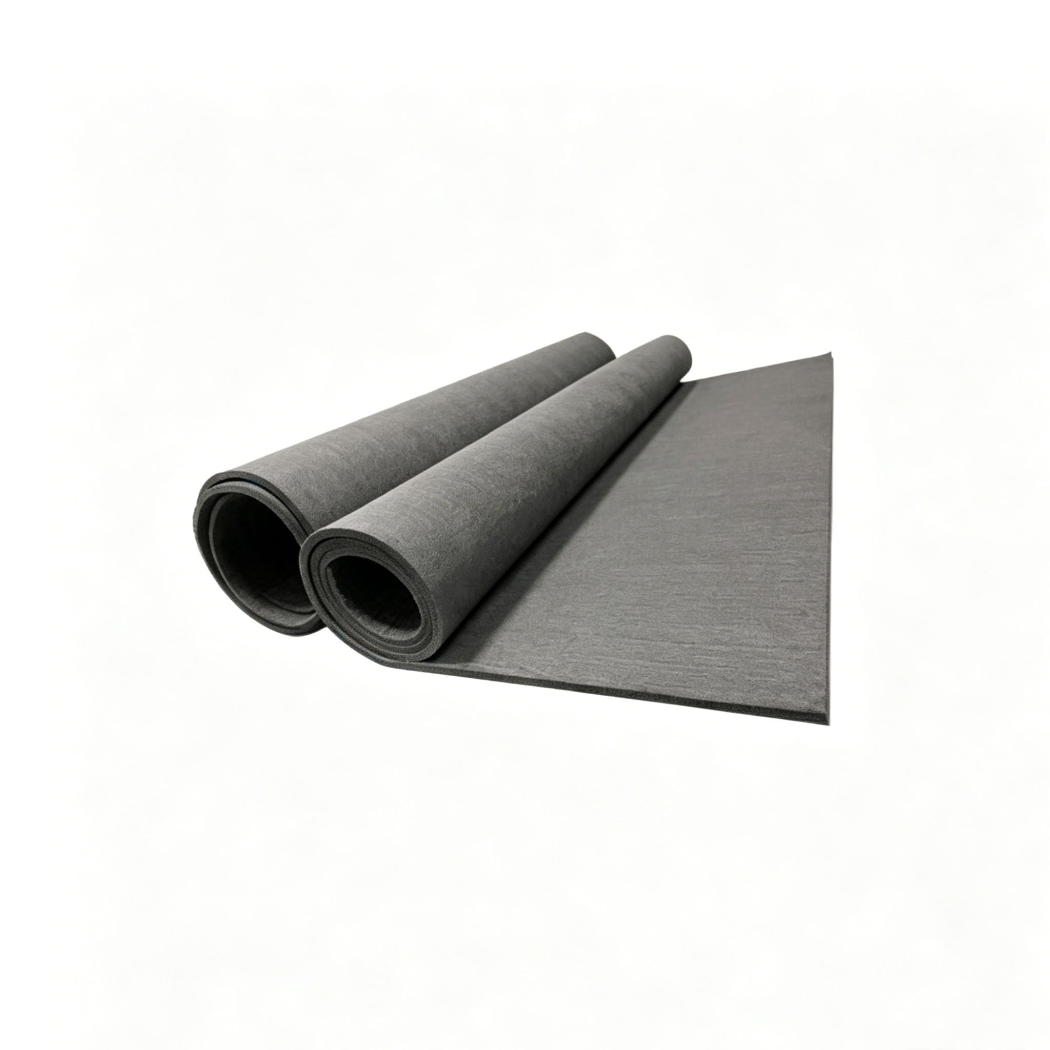 Dois rolos de feltro de grafite macio &agrave; base de rayon desenrolados para mostrar a faixa de largura padr&atilde;o de 1200-1600 mm para isolamento t&eacute;rmico industrial