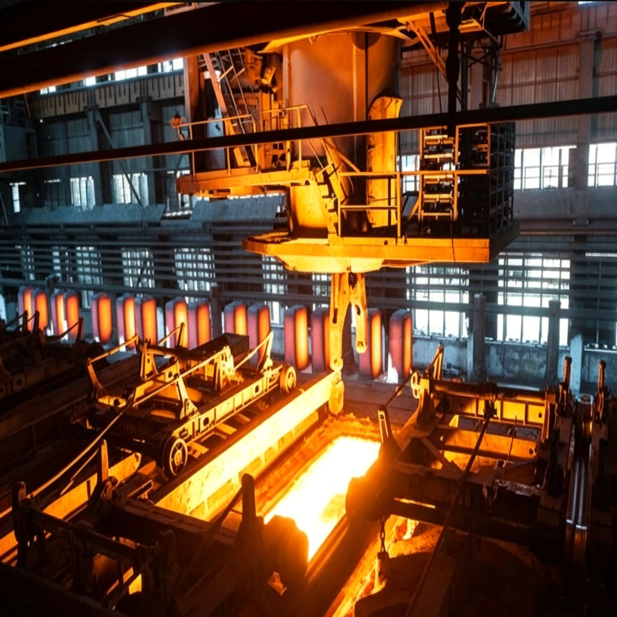 Industrial heat treatment furnace interior showing red-hot metal components being processed, utilizing durable graphite heating elements and insulation