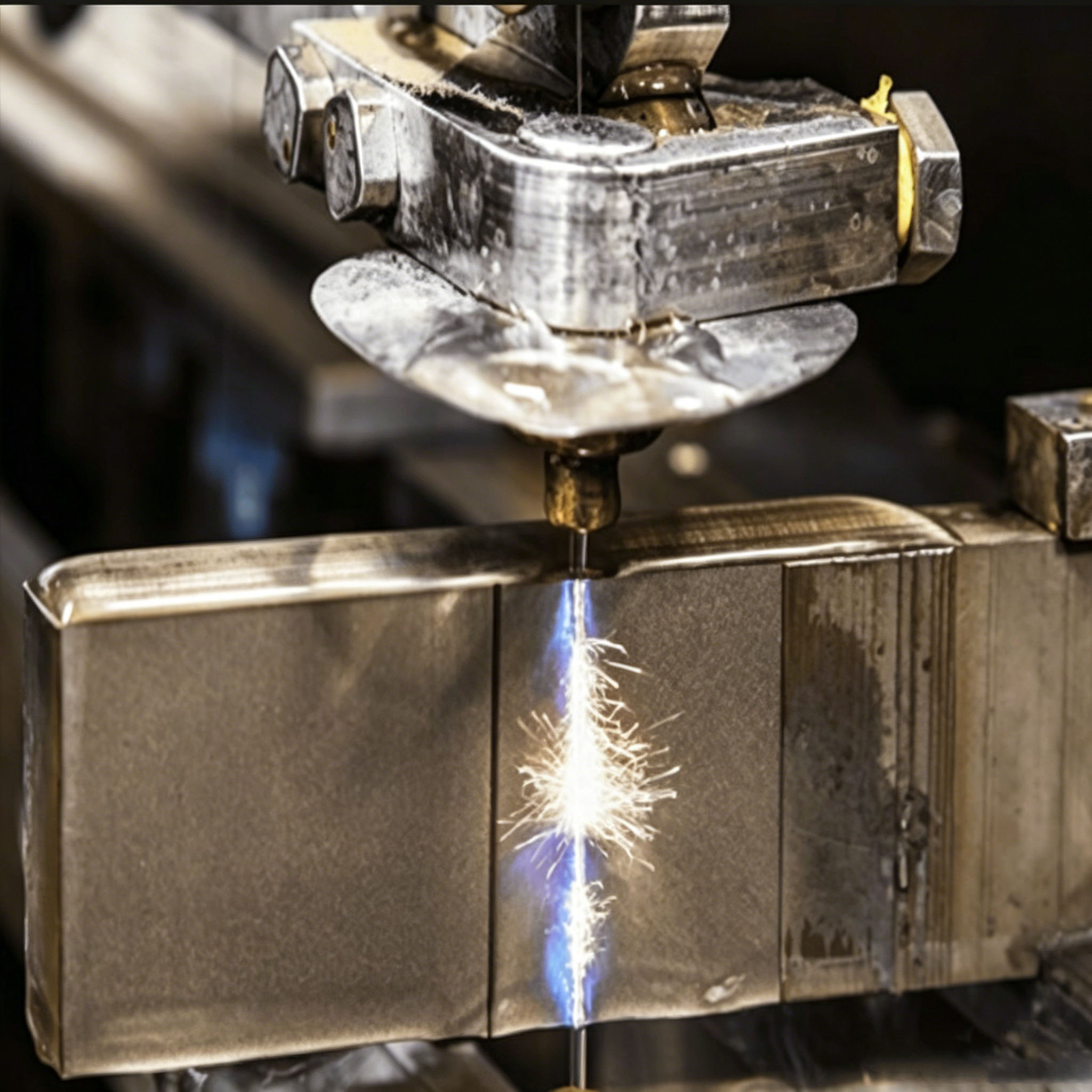 Precision wire EDM machining process using high-quality graphite electrode to cut hardened metal parts with sparks