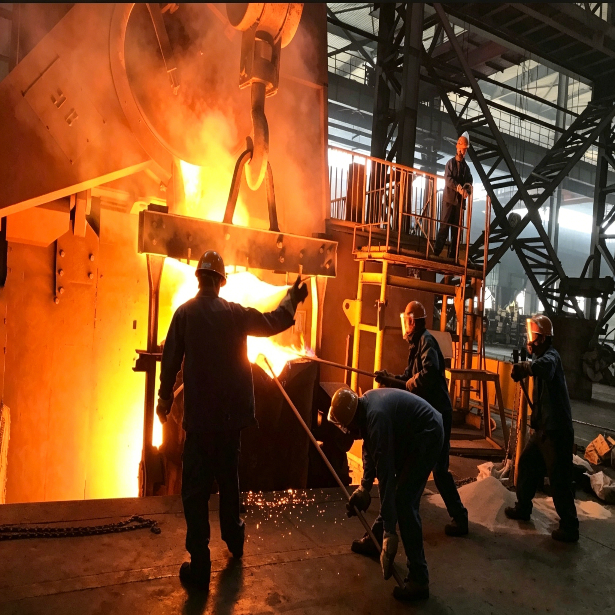 Bloco de grafite de grande porte usado como revestimento de fornos na ind&uacute;stria de fundi&ccedil;&atilde;o e metalurgia em alta temperatura, grafite moldado por vibra&ccedil;&atilde;o de gr&atilde;o m&eacute;dio de 2,0 mm com densidade de 1,62 g/cm&sup3;, mostrando processo de vazamento de metal fundido