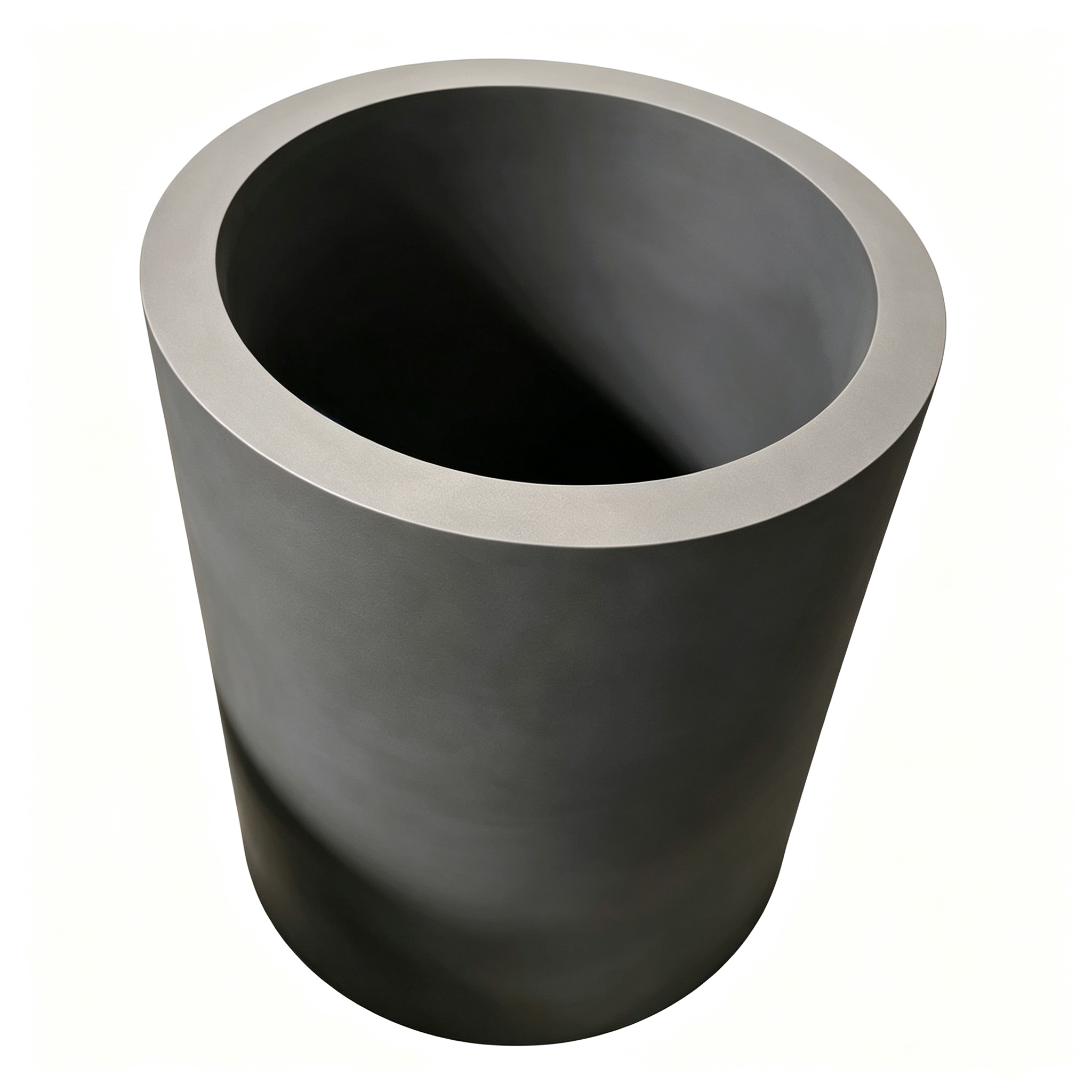 Cadinho de grafite cil&iacute;ndrico, vista superior, textura de anel conc&ecirc;ntrico, constru&ccedil;&atilde;o de parede espessa, interior usinado com precis&atilde;o para distribui&ccedil;&atilde;o uniforme de calor, cadinho de fus&atilde;o industrial NHD Carbon