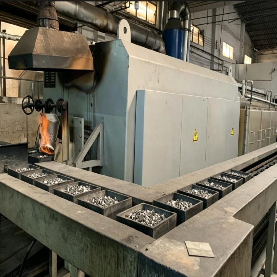 Forno de sinteriza&ccedil;&atilde;o cont&iacute;nua para metalurgia do p&oacute; com barcos de grafite dispostos em sistema transportador para processamento em lote de compactos de p&oacute; met&aacute;lico e cer&acirc;mico