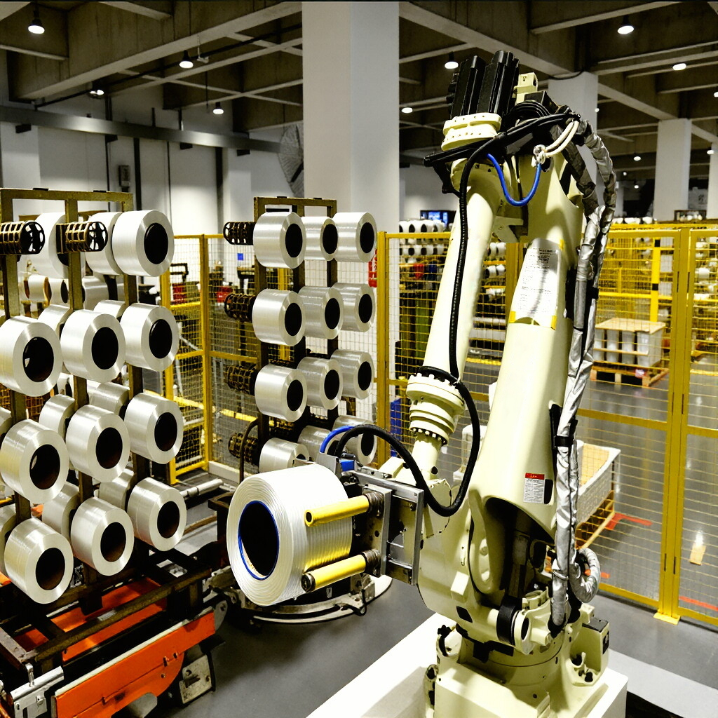Rodas de cluster de grafite guiam feixes de fibras em linhas de produ&ccedil;&atilde;o de fibra de vidro e trabalham em conjunto com rob&ocirc;s industriais para permitir o desenho automatizado de fibras.