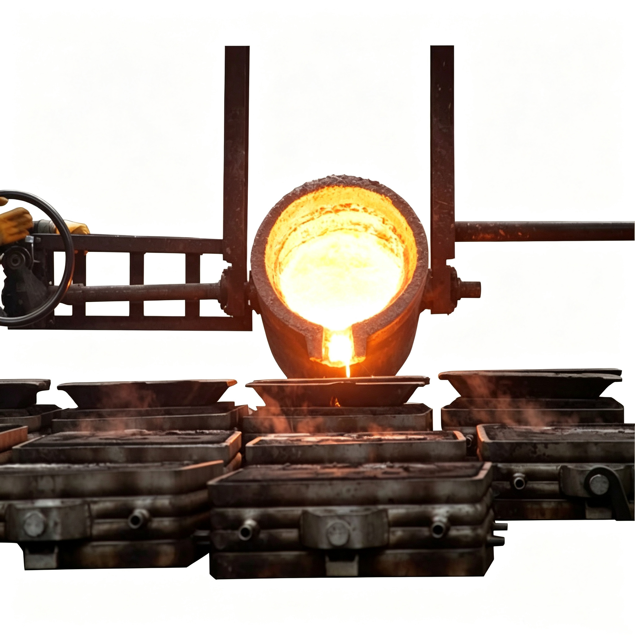 Fus&atilde;o e vazamento de metais preciosos usando cadinho de grafite em fundi&ccedil;&atilde;o industrial, ouro, prata e platina fundidos sendo fundidos em moldes, processo de fundi&ccedil;&atilde;o em alta temperatura com cadinhos de carbono NHD
