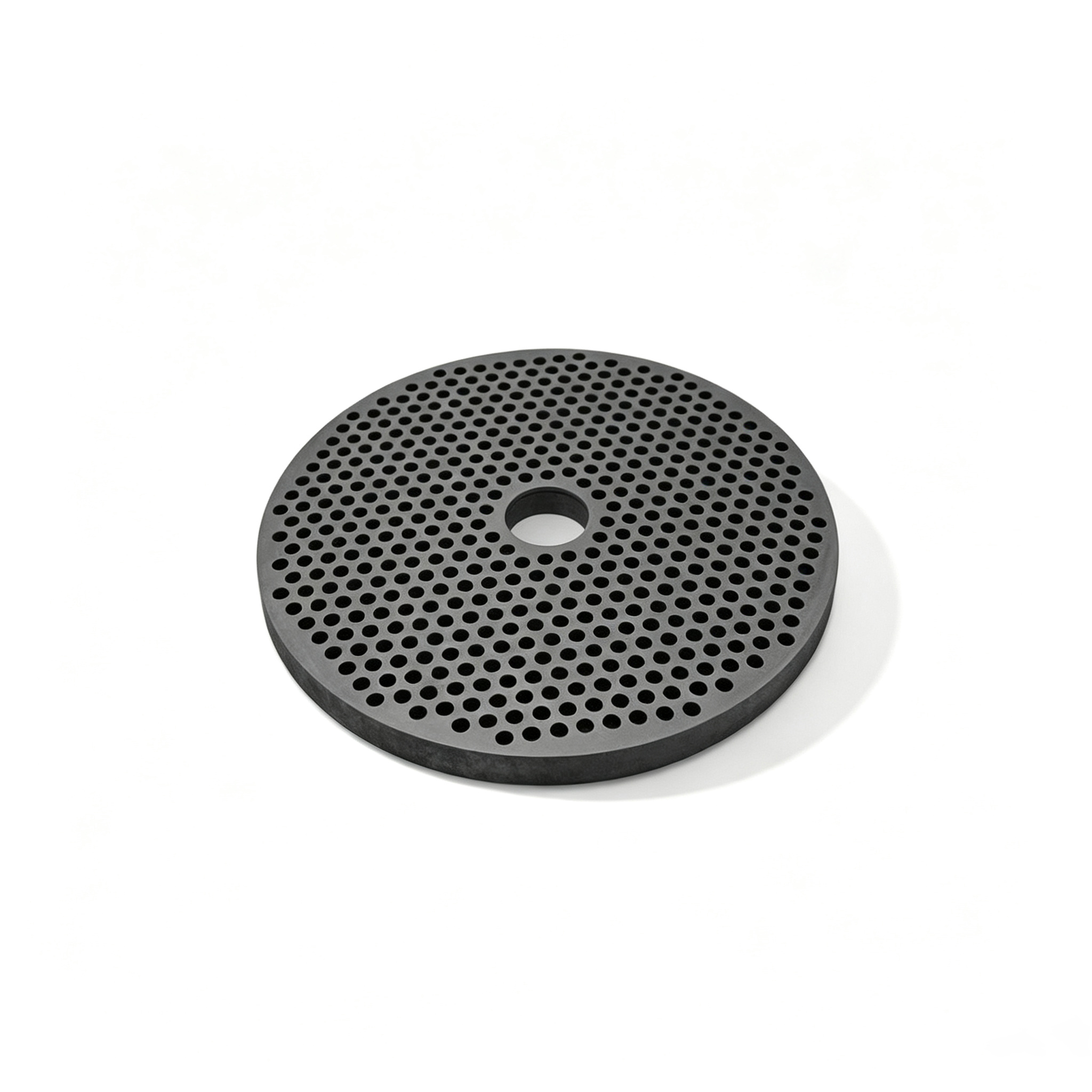 Modelo 3D de disco perfurado de grafite de parede espessa com estrutura resistente e furo central, bandeja robusta de sinteriza&ccedil;&atilde;o de carbono poroso projetada para aplica&ccedil;&otilde;es de metalurgia do p&oacute; de alta carga