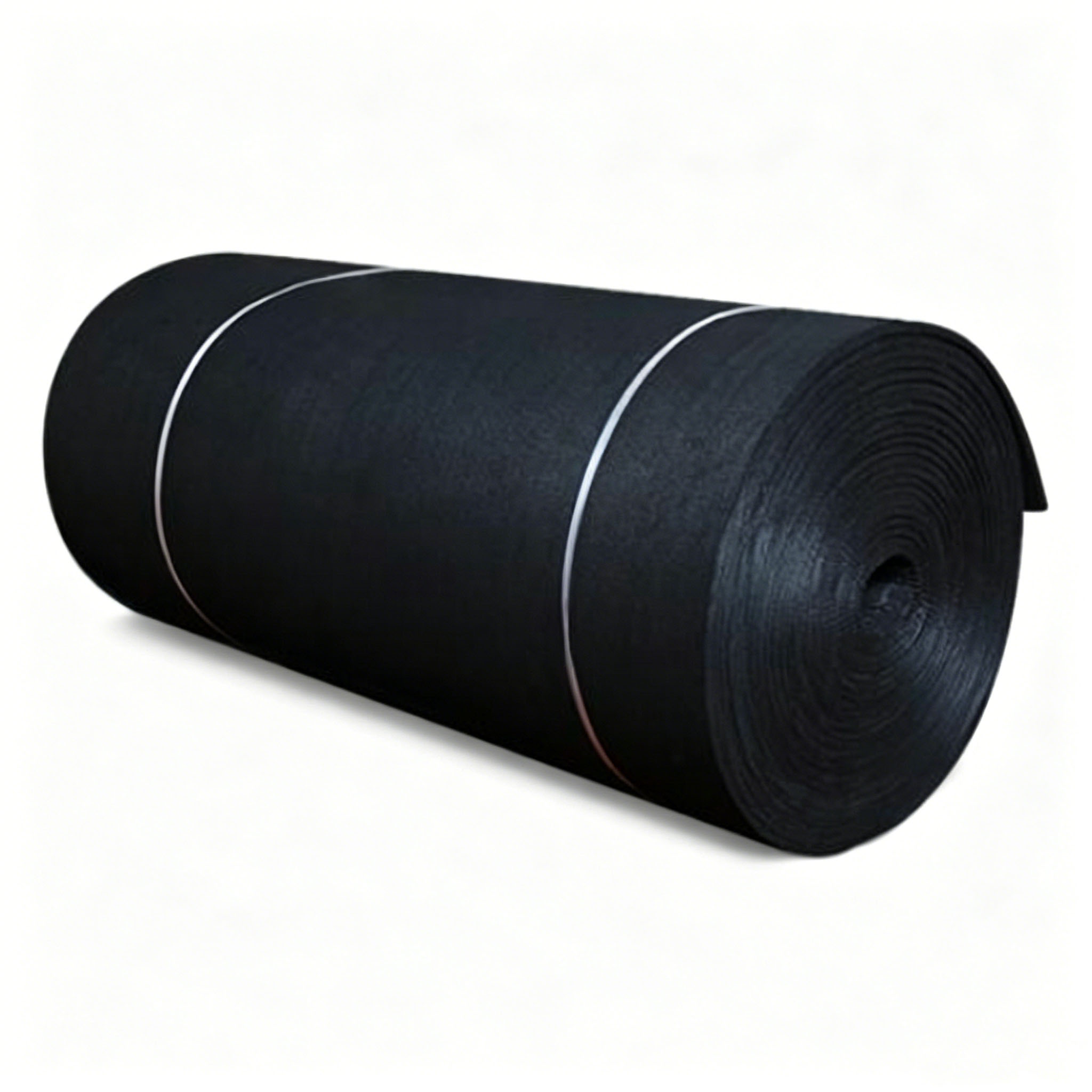Grande rolo industrial de feltro de grafite &agrave; base de rayon com tiras de seguran&ccedil;a brancas mostrando embalagem de f&aacute;brica para remessa a granel
